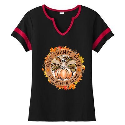 Give A Thanks With Grateful Heart Thanksgiving Thankful Turkey Ladies Halftime Notch Neck Tee