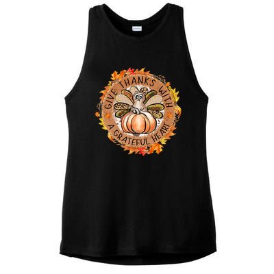 Give A Thanks With Grateful Heart Thanksgiving Thankful Turkey Ladies PosiCharge Tri-Blend Wicking Tank