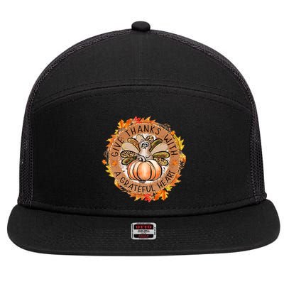 Give A Thanks With Grateful Heart Thanksgiving Thankful Turkey 7 Panel Mesh Trucker Snapback Hat