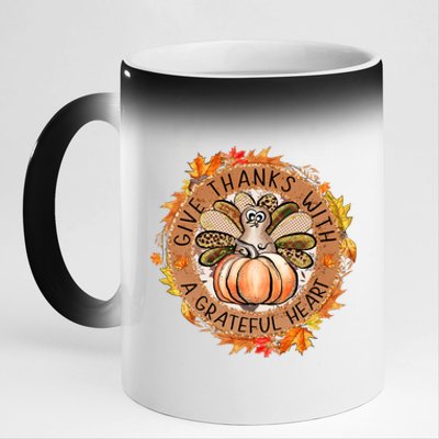 Give A Thanks With Grateful Heart Thanksgiving Thankful Turkey 11oz Black Color Changing Mug