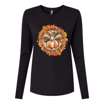 Give A Thanks With Grateful Heart Thanksgiving Thankful Turkey Womens Cotton Relaxed Long Sleeve T-Shirt