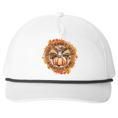 Give A Thanks With Grateful Heart Thanksgiving Thankful Turkey Snapback Five-Panel Rope Hat