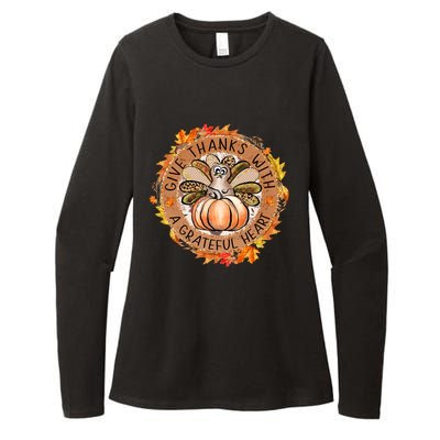 Give A Thanks With Grateful Heart Thanksgiving Thankful Turkey Womens CVC Long Sleeve Shirt