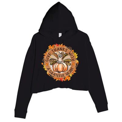 Give A Thanks With Grateful Heart Thanksgiving Thankful Turkey Crop Fleece Hoodie