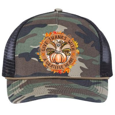 Give A Thanks With Grateful Heart Thanksgiving Thankful Turkey Retro Rope Trucker Hat Cap