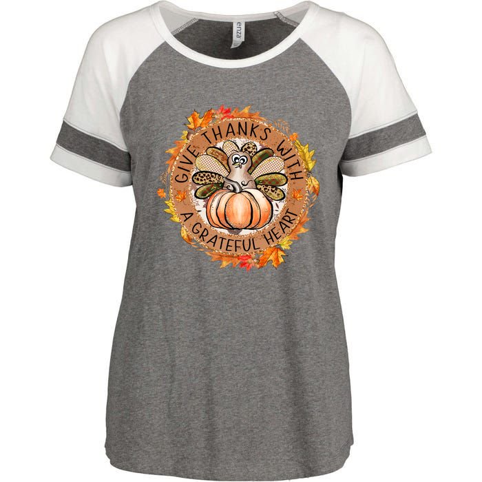 Give A Thanks With Grateful Heart Thanksgiving Thankful Turkey Enza Ladies Jersey Colorblock Tee