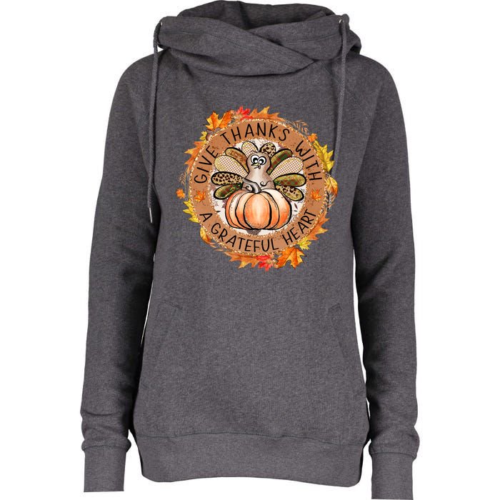 Give A Thanks With Grateful Heart Thanksgiving Thankful Turkey Womens Funnel Neck Pullover Hood