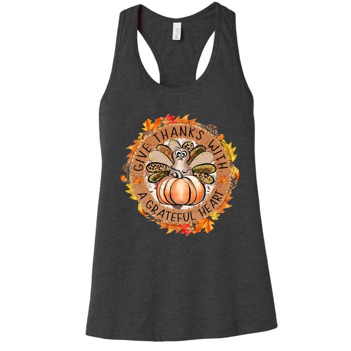 Give A Thanks With Grateful Heart Thanksgiving Thankful Turkey Women's Racerback Tank