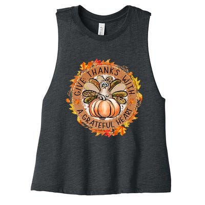 Give A Thanks With Grateful Heart Thanksgiving Thankful Turkey Women's Racerback Cropped Tank