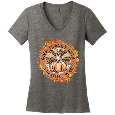 Give A Thanks With Grateful Heart Thanksgiving Thankful Turkey Women's V-Neck T-Shirt