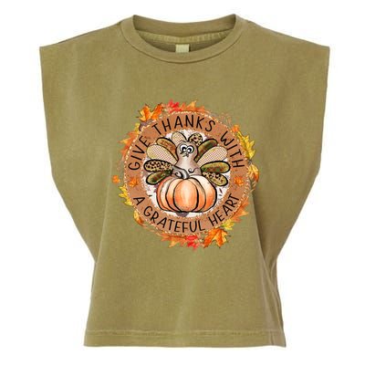 Give A Thanks With Grateful Heart Thanksgiving Thankful Turkey Garment-Dyed Women's Muscle Tee