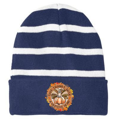 Give A Thanks With Grateful Heart Thanksgiving Thankful Turkey Striped Beanie with Solid Band