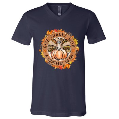 Give A Thanks With Grateful Heart Thanksgiving Thankful Turkey V-Neck T-Shirt