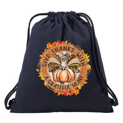 Give A Thanks With Grateful Heart Thanksgiving Thankful Turkey Drawstring Bag