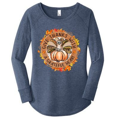 Give A Thanks With Grateful Heart Thanksgiving Thankful Turkey Women's Perfect Tri Tunic Long Sleeve Shirt