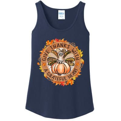 Give A Thanks With Grateful Heart Thanksgiving Thankful Turkey Ladies Essential Tank