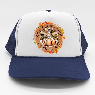 Give A Thanks With Grateful Heart Thanksgiving Thankful Turkey Trucker Hat