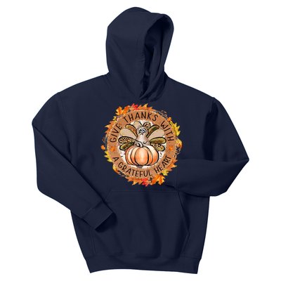 Give A Thanks With Grateful Heart Thanksgiving Thankful Turkey Kids Hoodie