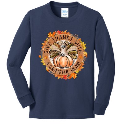 Give A Thanks With Grateful Heart Thanksgiving Thankful Turkey Kids Long Sleeve Shirt