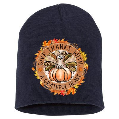 Give A Thanks With Grateful Heart Thanksgiving Thankful Turkey Short Acrylic Beanie