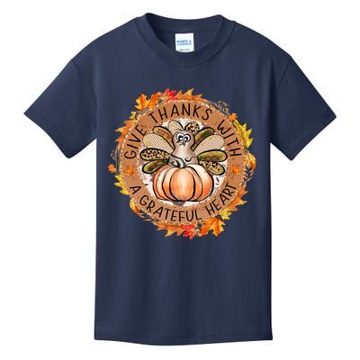 Give A Thanks With Grateful Heart Thanksgiving Thankful Turkey Kids T-Shirt