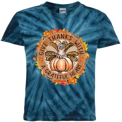 Give A Thanks With Grateful Heart Thanksgiving Thankful Turkey Kids Tie-Dye T-Shirt