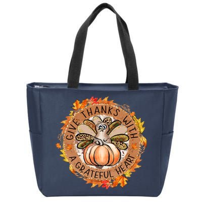 Give A Thanks With Grateful Heart Thanksgiving Thankful Turkey Zip Tote Bag