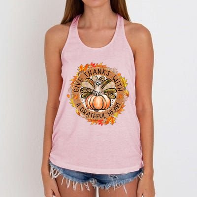 Give A Thanks With Grateful Heart Thanksgiving Thankful Turkey Women's Knotted Racerback Tank