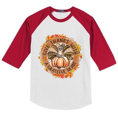 Give A Thanks With Grateful Heart Thanksgiving Thankful Turkey Kids Colorblock Raglan Jersey