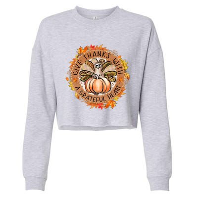 Give A Thanks With Grateful Heart Thanksgiving Thankful Turkey Cropped Pullover Crew