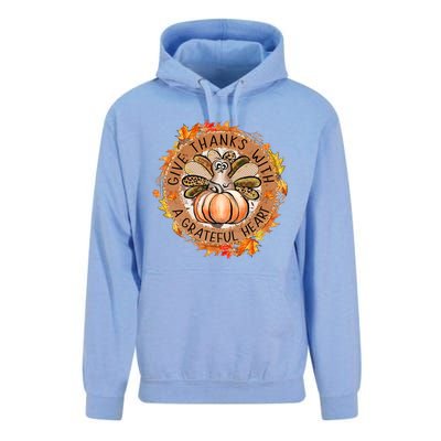 Give A Thanks With Grateful Heart Thanksgiving Thankful Turkey Unisex Surf Hoodie