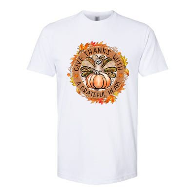 Give A Thanks With Grateful Heart Thanksgiving Thankful Turkey Softstyle CVC T-Shirt