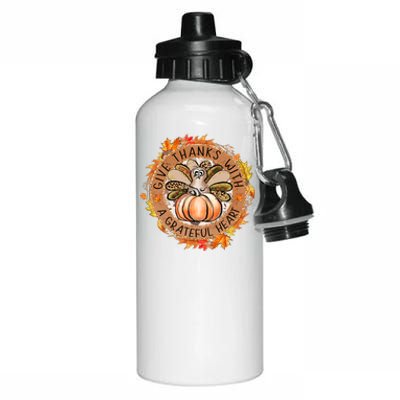 Give A Thanks With Grateful Heart Thanksgiving Thankful Turkey Aluminum Water Bottle