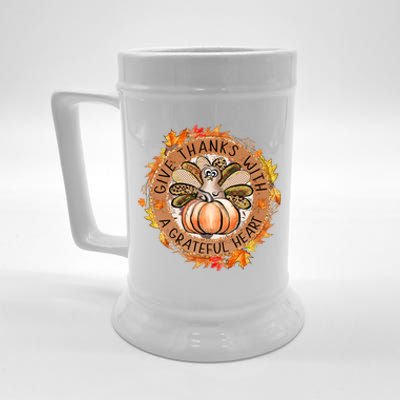 Give A Thanks With Grateful Heart Thanksgiving Thankful Turkey Beer Stein