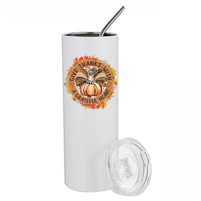 Give A Thanks With Grateful Heart Thanksgiving Thankful Turkey Stainless Steel Tumbler