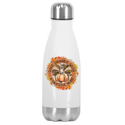 Give A Thanks With Grateful Heart Thanksgiving Thankful Turkey Stainless Steel Insulated Water Bottle