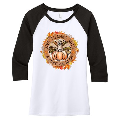 Give A Thanks With Grateful Heart Thanksgiving Thankful Turkey Women's Tri-Blend 3/4-Sleeve Raglan Shirt