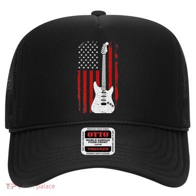 Guitar American Us Flag Music Player Electric Guitarist Gift High Crown Mesh Back Trucker Hat