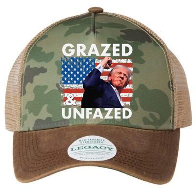 Grazed And Unfazed Trump 2024 Supporter American Flag Legacy Tie Dye Trucker Hat