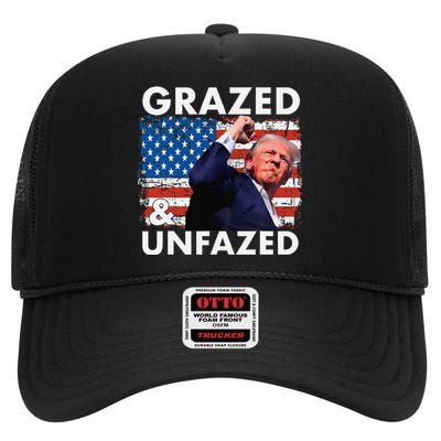 Grazed And Unfazed Trump 2024 Supporter American Flag High Crown Mesh Back Trucker Hat