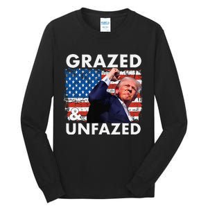 Grazed And Unfazed Trump 2024 Supporter American Flag Tall Long Sleeve T-Shirt