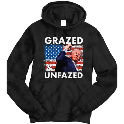 Grazed And Unfazed Trump 2024 Supporter American Flag Tie Dye Hoodie