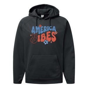 Groovy America Vibes Retro American USA 4th Of July Performance Fleece Hoodie