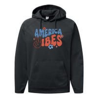 Groovy America Vibes Retro American USA 4th Of July Performance Fleece Hoodie