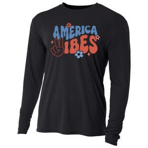 Groovy America Vibes Retro American USA 4th Of July Cooling Performance Long Sleeve Crew