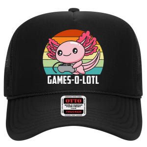 Gamesolotl Axolotl Video Games Gaming Lover Geek Gamer Pun High Crown Mesh Back Trucker Hat