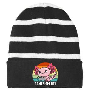 Gamesolotl Axolotl Video Games Gaming Lover Geek Gamer Pun Striped Beanie with Solid Band