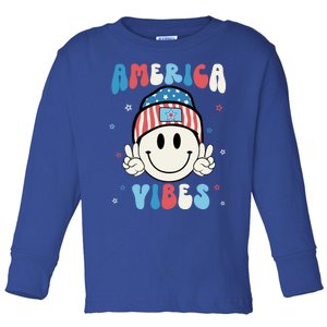 Groovy America Vibes Hippie Usa Flag Hat Freedom 4th Of July Great Gift Toddler Long Sleeve Shirt