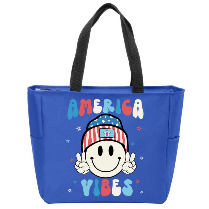 Groovy America Vibes Hippie Usa Flag Hat Freedom 4th Of July Great Gift Zip Tote Bag