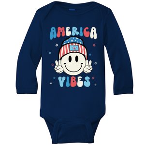 Groovy America Vibes Hippie Usa Flag Hat Freedom 4th Of July Great Gift Baby Long Sleeve Bodysuit